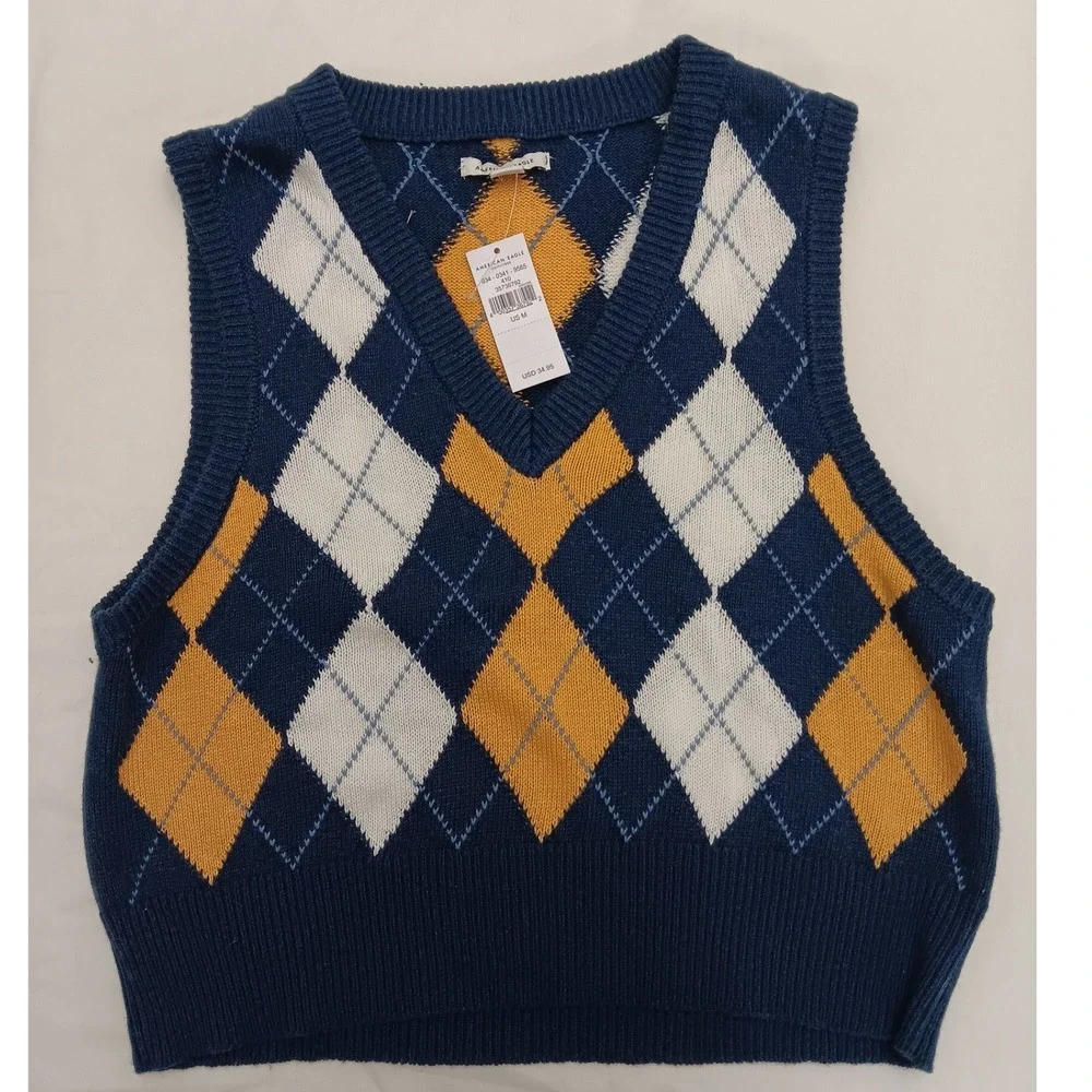 American Eagle Outfitters Argyle Sweater Vest Navy Blue Yellow White Women's M - Picture 1 of 9